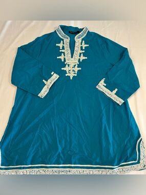 Embroidered Teal V-Neck Tunic Blouse